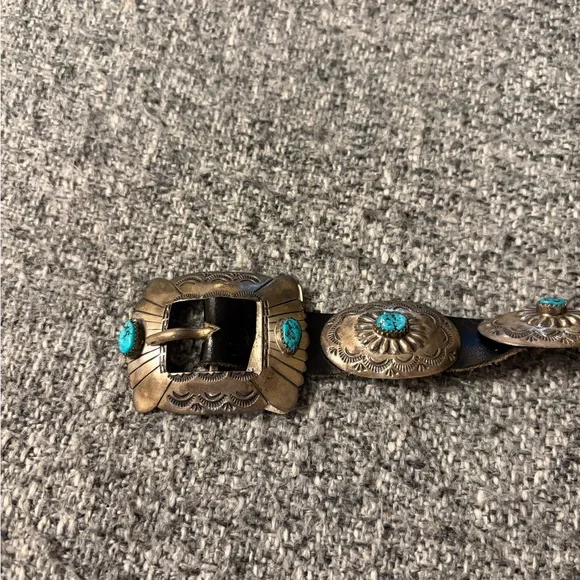 Vintage Concho Sterling Silver Belt with Turquoise Accents - Picture 2 of 7